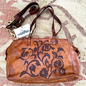 Campomaggi “Bauletto” Floral Laser Bag in embossed cognac leather. New with tags